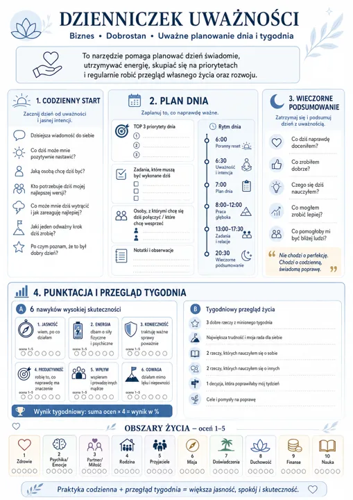 Infografika „Dzienniczek Uważności” z sekcjami: codzienny start, plan dnia, wieczorne podsumowanie i przegląd tygodnia, ikonami i delikatnymi motywami roślinnymi.