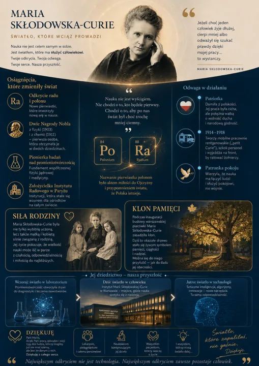 Infografika o Marii Skłodowskiej-Curie z wizerunkiem kobiety, cytatami i opisem jej osiągnięć oraz dziedzictwa w nauce.
