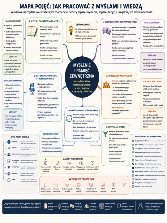 Infografika pt. Mapa pojęć: Jak pracować z myślami i wiedzą, z centralnym kołem 'Myślenie i pamięć zewnętrzna' i kolorowymi sekcjami narzędzi opisujących różne aspekty myślenia...