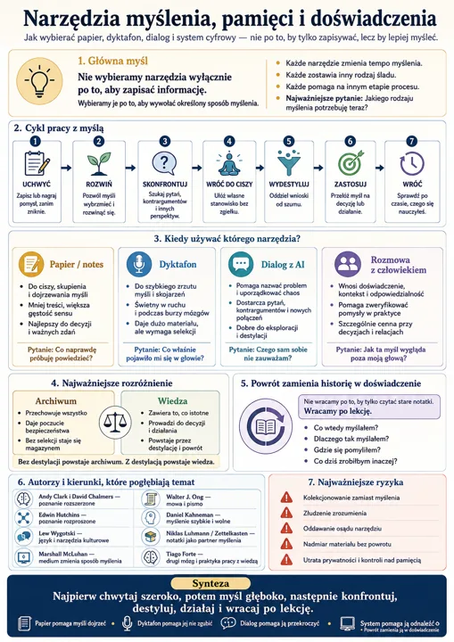 Infografika w języku polskim o narzędziach myślenia, pamięci i doświadczenia, pokazująca etapy uchwyć, rozwij, skonfrontuj, wróć do ciszy, wydestyluj, zastosuj i wróć, a także s...