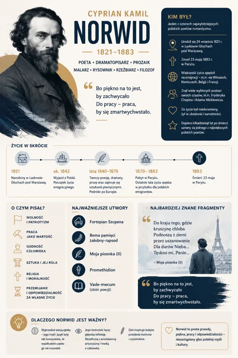 Infografika o Cyprianie Kamilu Norwidzie z jego wizerunkiem, osią czasu życia 1821–1883, sekcjami „O czym pisał?”, „Najważniejsze utwory” i „Najbardziej znane fragmenty”, oraz c...