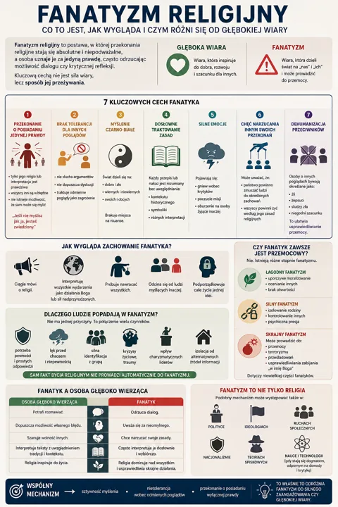Infografika opisuje fanatyzm religijny, jego definicję, kluczowe cechy oraz różnicę między silnym przekonaniem a zdrową religijnością, wraz z przykładami zachowań i mechanizmów...