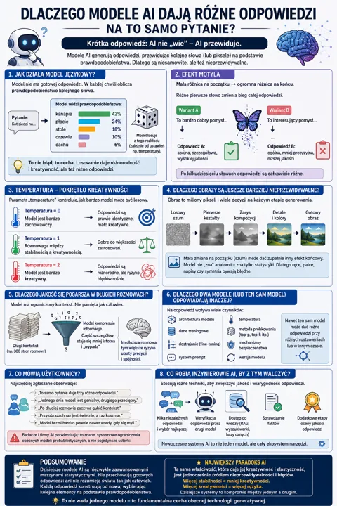 Infografika omawiająca sekcje: działanie modelu językowego, efekt motyla, temperatura jako pokrętło kreatywności oraz różnice w generowaniu obrazów i odpowiedzi.
